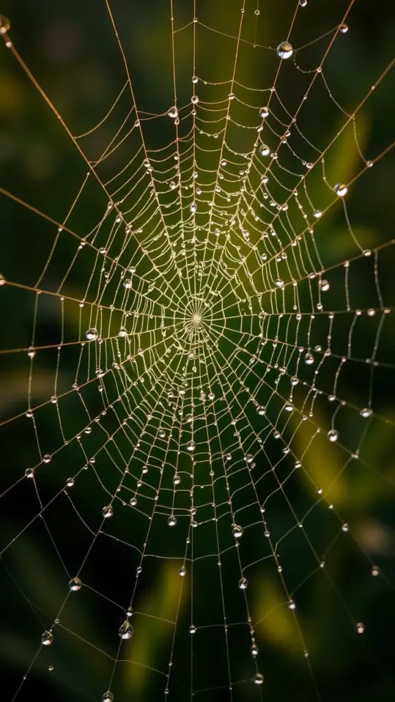 Close-up of a dew-covered spiderweb with shimmering silk threads and water beads.