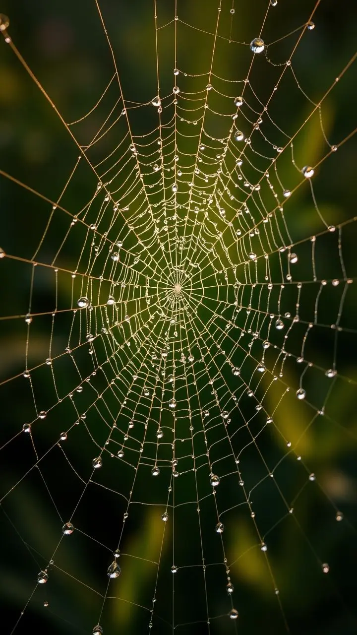 Close-up of a dew-covered spiderweb with shimmering silk threads and water beads.