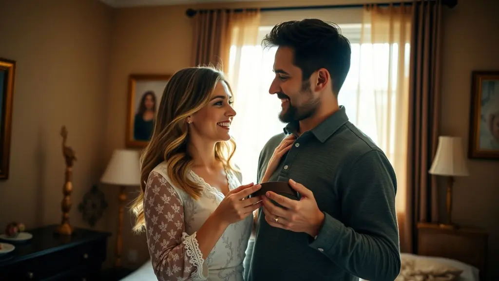 Wife giving husband a new belt in a bright bedroom.