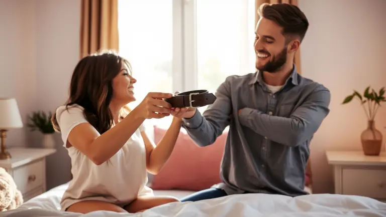 Wife giving husband a belt in a sunlit bedroom.