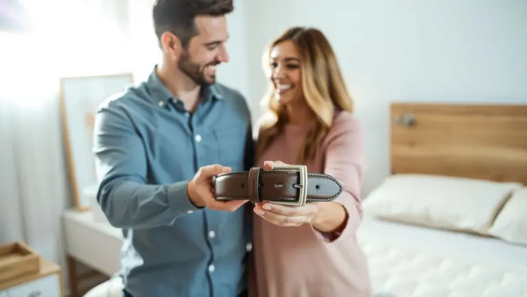 Wife giving husband a new leather belt in a cozy bedroom.