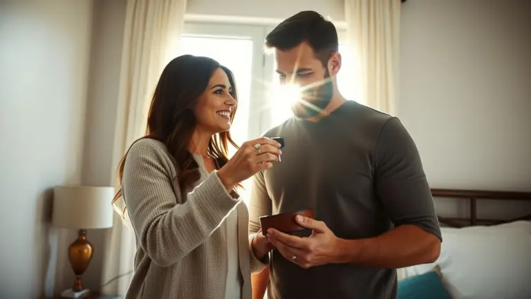 Wife gifting husband a new belt in the morning.