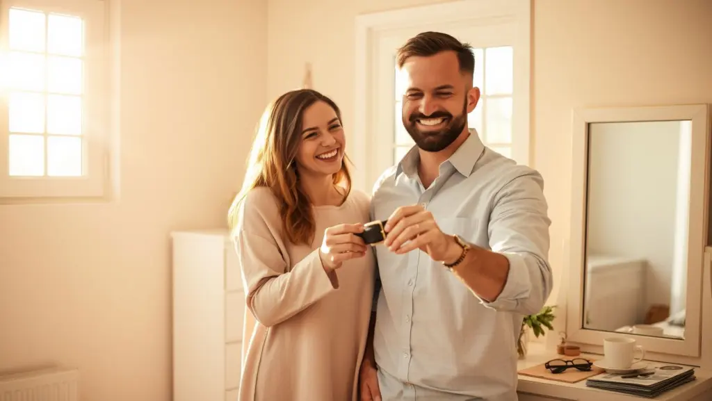 Wife gifting husband a new belt.
