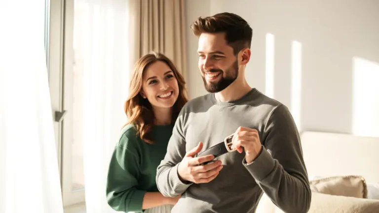 Wife giving husband a stylish new belt in a sunlit bedroom.