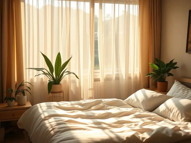 Sunlight illuminating a cozy bedroom with a bed and plants.