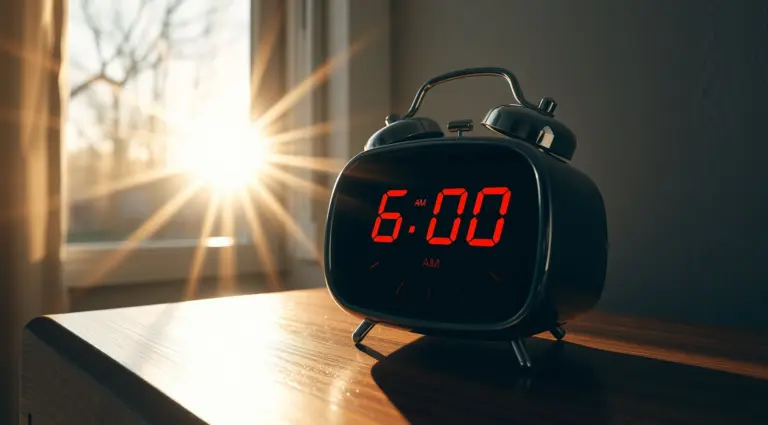 Close-up of a digital alarm clock with red numbers reading 6:00 AM, on a wooden nightstand, with morning sunlight and shadows.