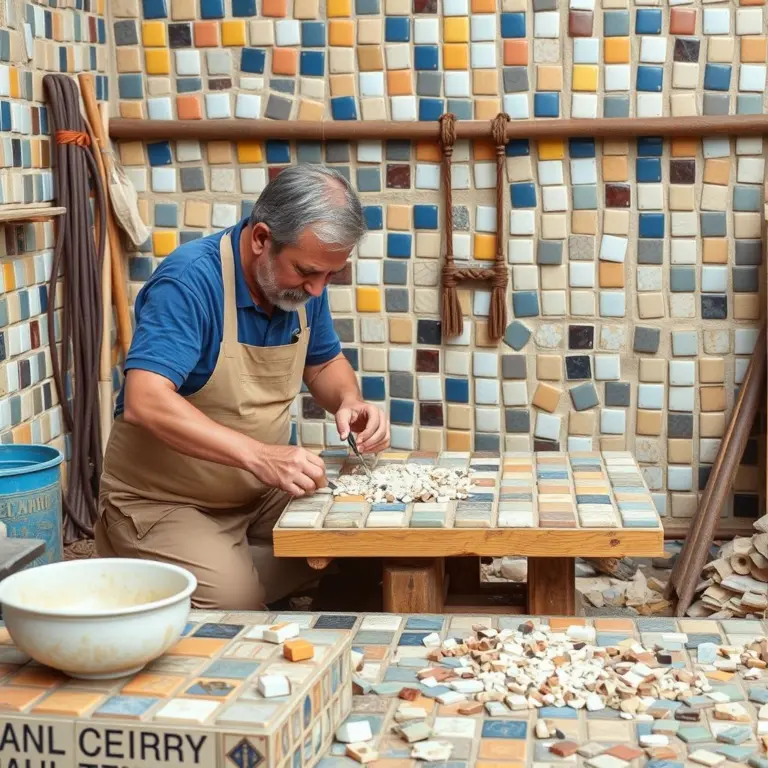 Mosaicist placing tiles.