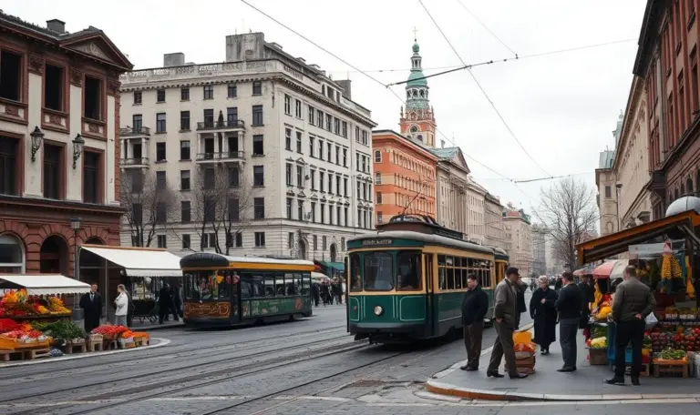 A street in Moscow in 1921 with destroyed buildings, a tram, and market sellers under a gray sky.