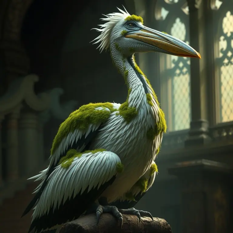 Moss-covered steel pelican at Hogwarts