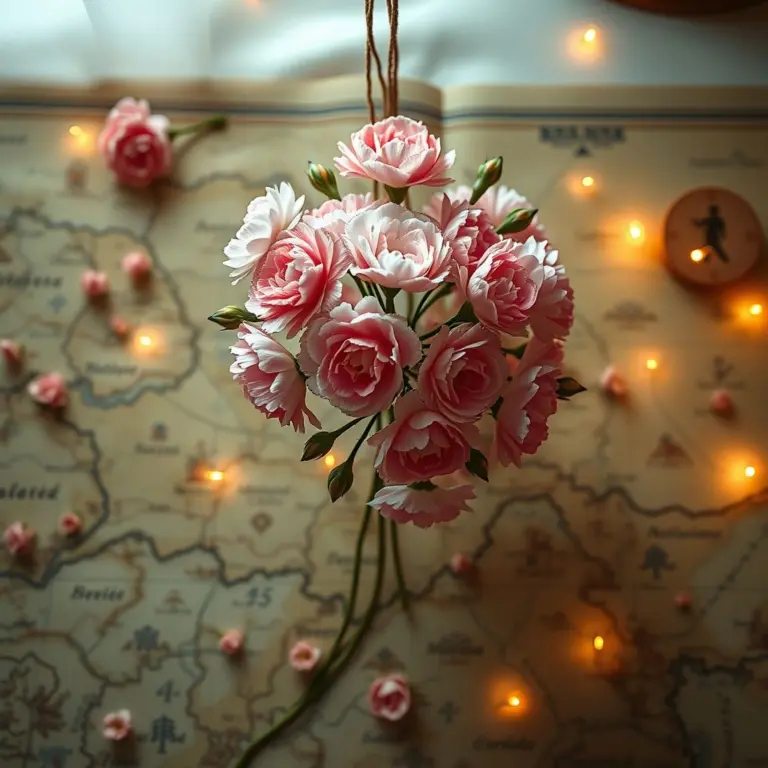 Carnations suspended over a fantasy map with glowing messages.