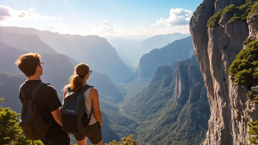 Couple on mountain overlook.