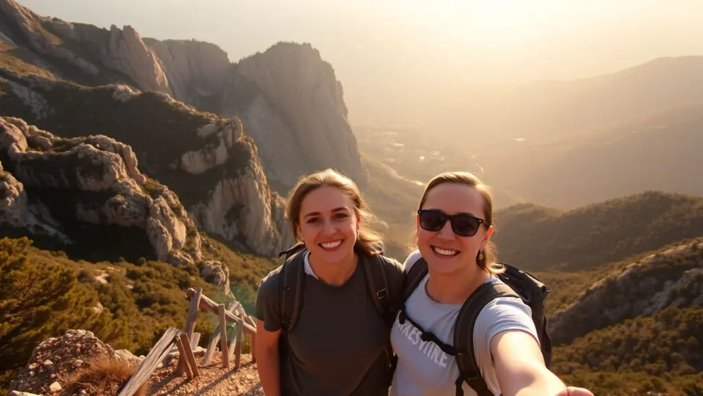 Hikers smiling at a mountain vista during golden hour.