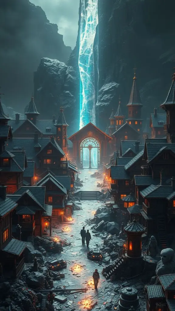 Village with a glowing portal and icy debris.