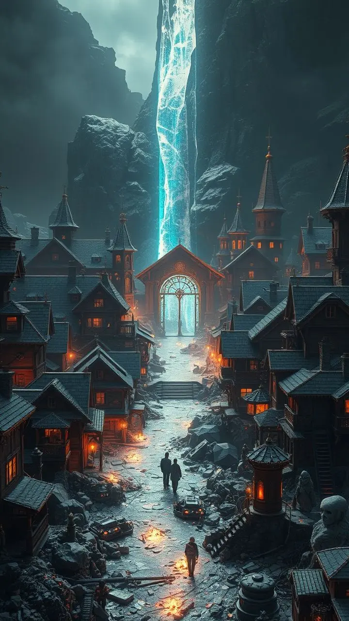Village with a glowing portal and icy debris.
