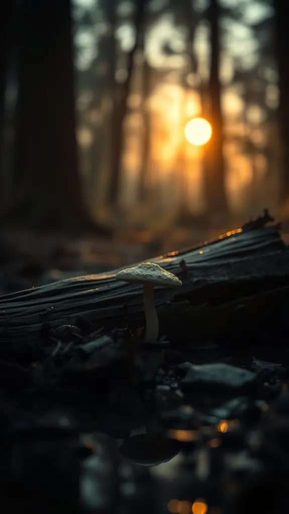 Film noir mushroom and log at dawn with smoky reflections