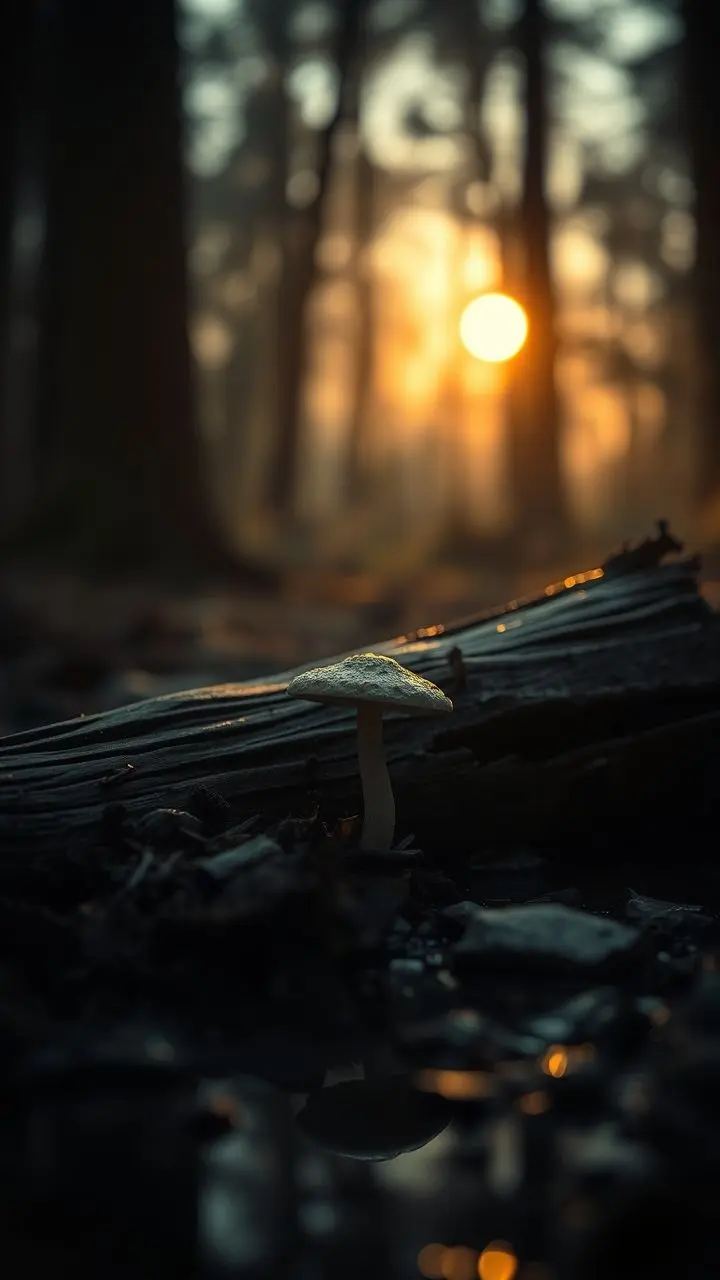 Film noir mushroom and log at dawn with smoky reflections