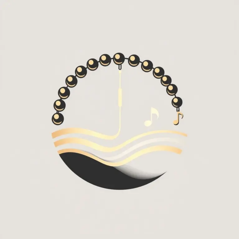 Circular logo with a wavy rosary and musical notes.