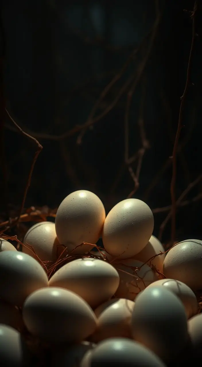 Several white eggs in a dark, dramatic lighting setup with muted colors.