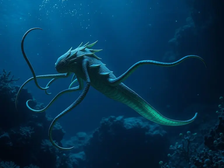 An alien-like sea creature with blue and green iridescent scales and long tentacles swimming in a glowing deep-sea environment.