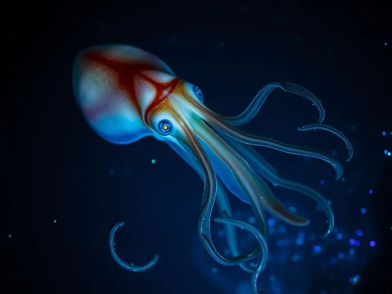 Deep-sea squid with long tentacles illuminated by bioluminescent marine life.