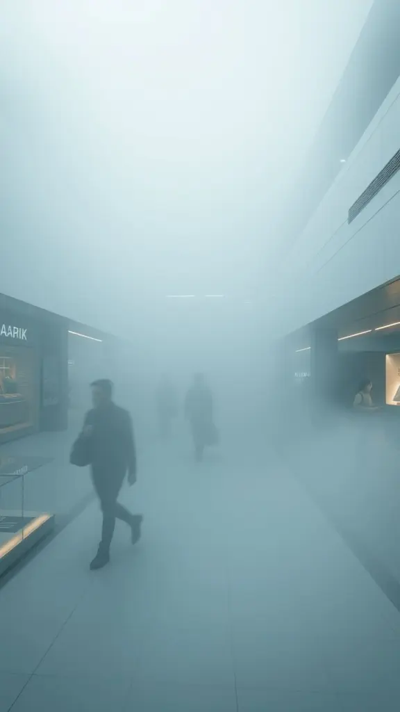 Shopping mall atrium in thick fog.