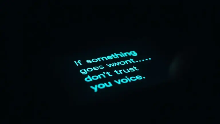 Close-up of a smartphone screen with a glitching teal message in a dark room.