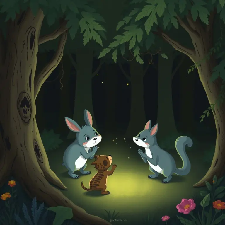 Animals investigating a glowing object in the woods.