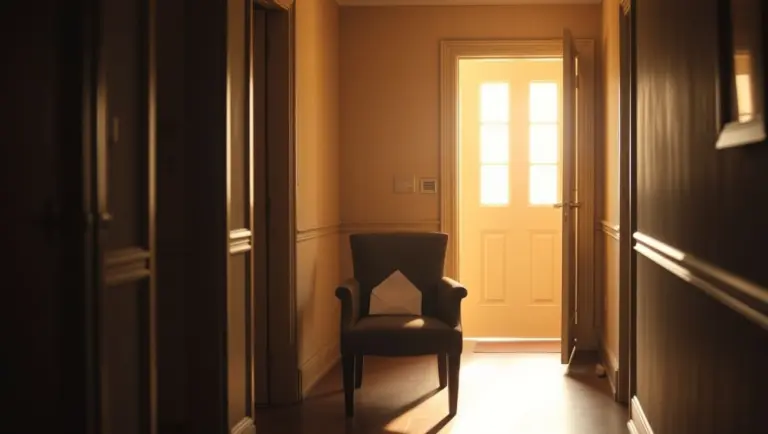 Dim hallway, guest room door open, warm light, envelope on chair.