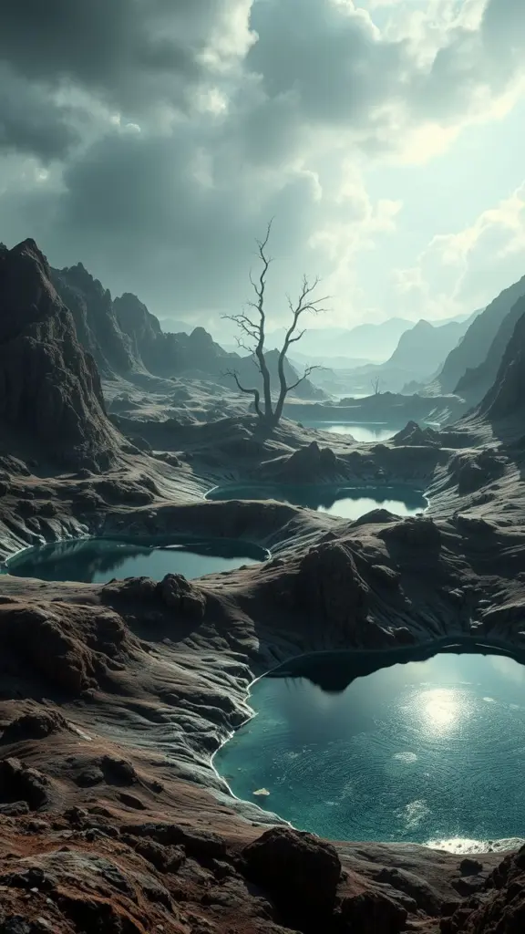 Surreal landscape with mysterious lakes and rugged terrain.