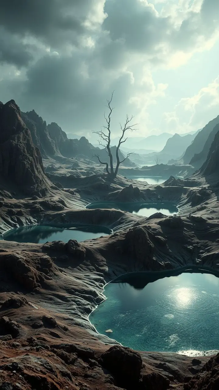 Surreal landscape with mysterious lakes and rugged terrain.