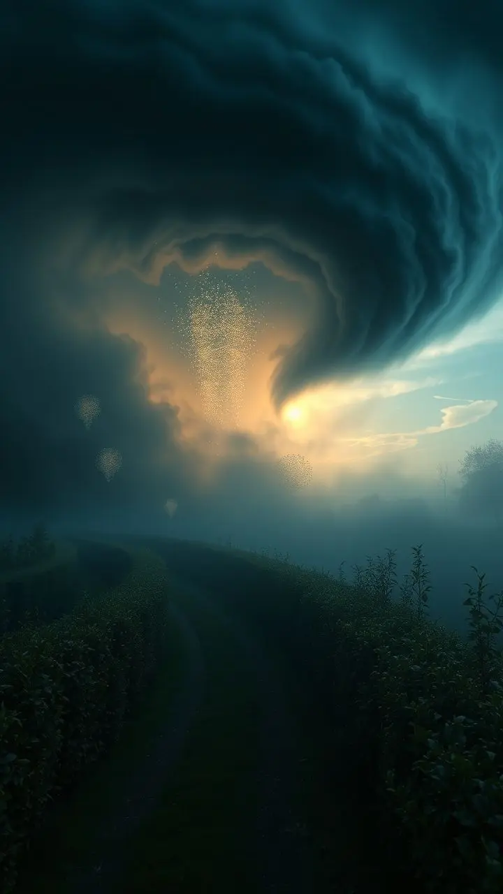 Pathway through countryside at dusk inside a funnel cloud with holographic effects.