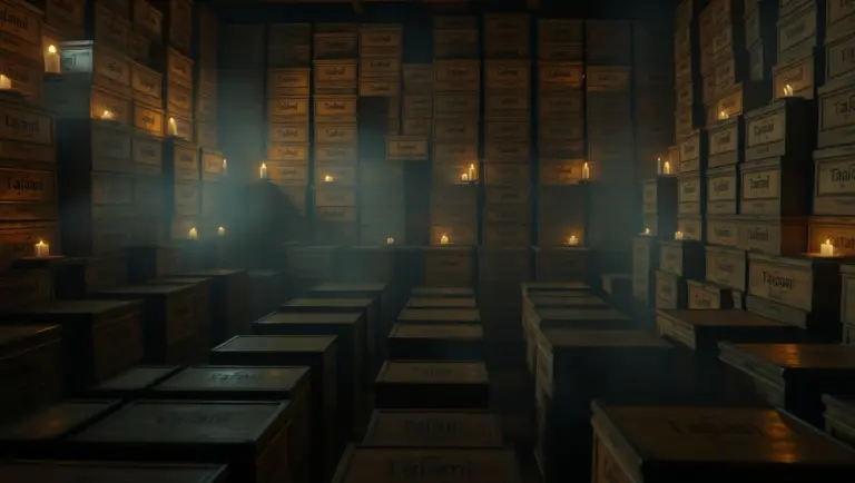 Wooden boxes with Thai names in a misty, candlelit room.