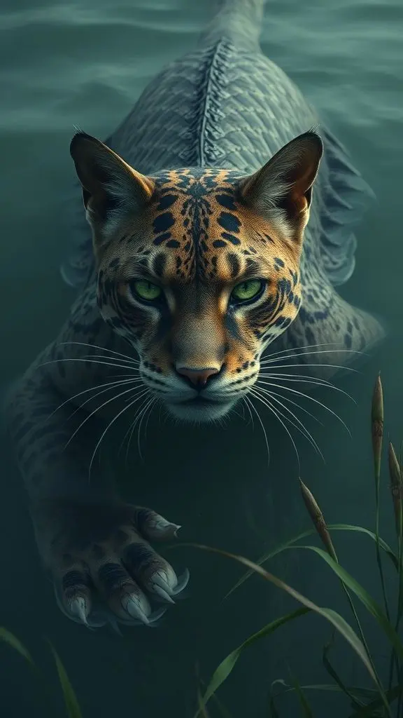 Giant aquatic cat with green glowing eyes and fin-like spines in a lake.
