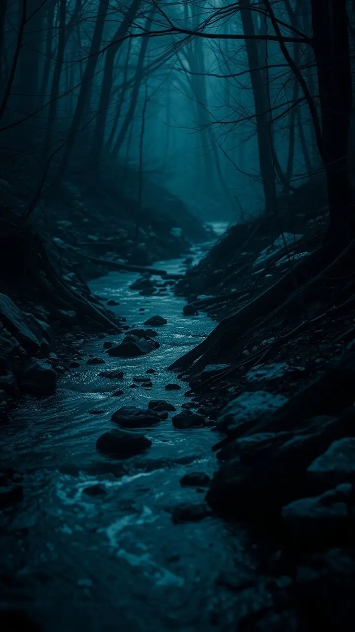A winding brook with zigzag light streaks and film noir lighting.