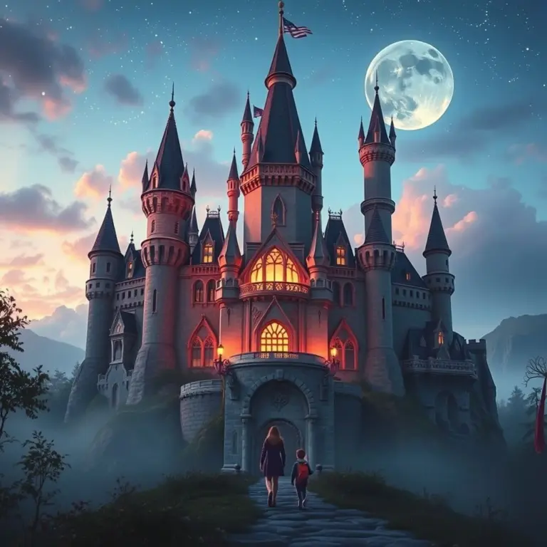 Kids journeying towards a distant mystical castle.
