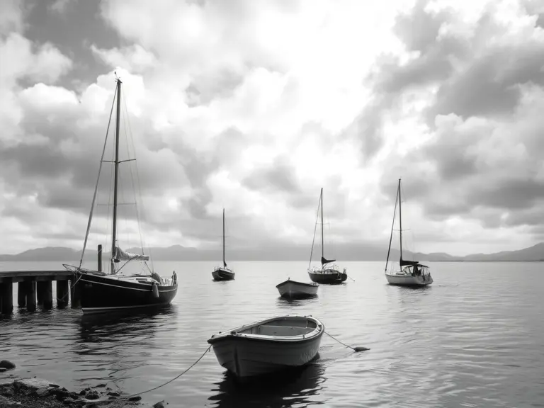Two small, empty boats with furled sails moving in a cove near a pier, under a stormy sky and mountains.