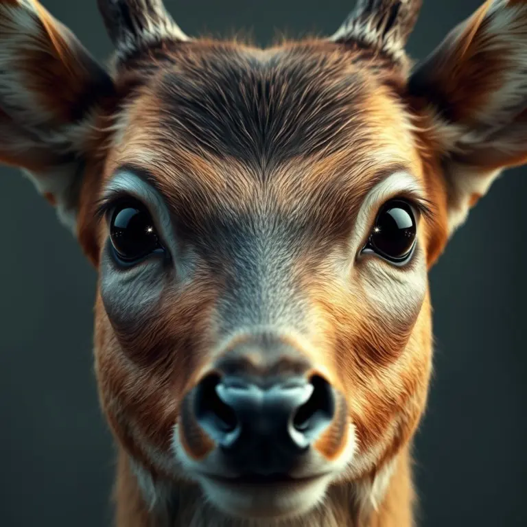 Hyperrealistic deer face with glowing singularity eyes.