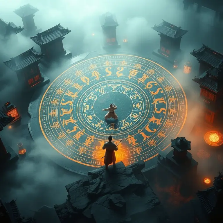 Warrior practicing martial arts near glowing scriptures and Tai Chi diagram.