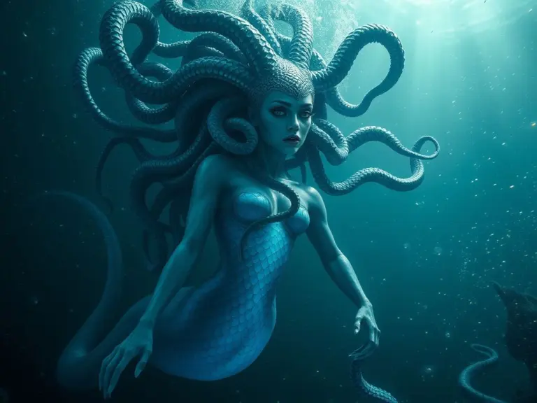Underwater Medusa with glowing tentacles.