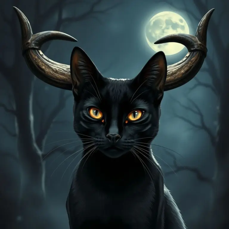 Black cat with bull horns under a full moon.