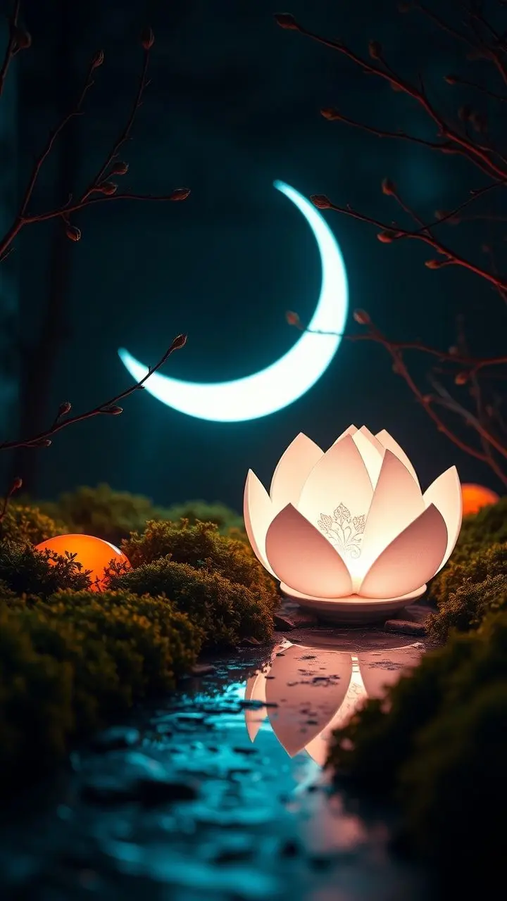 Luminous lotus object and futuristic pill near a crescent moon on an October night.