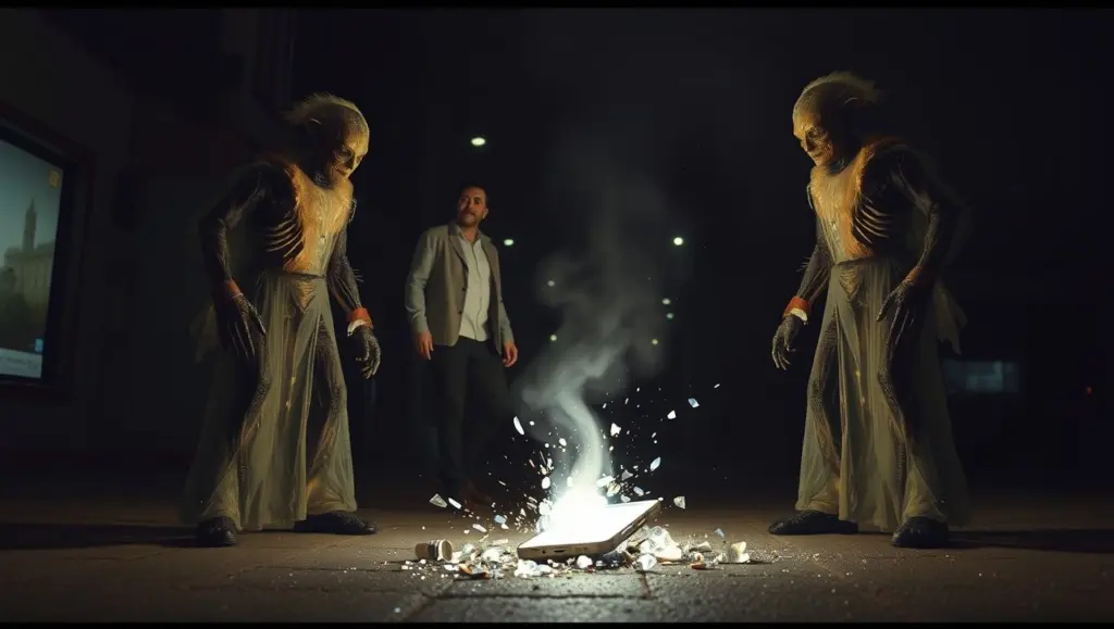 Shattered glowing phone on street, man facing glitching figures with light.