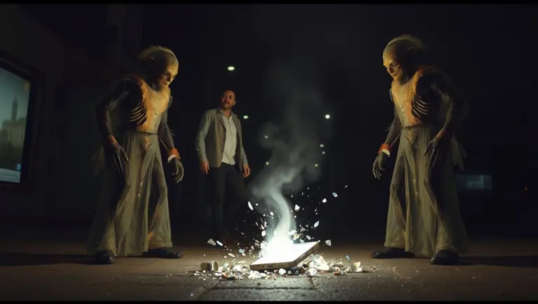 Shattered glowing phone on street, man facing glitching figures with light.