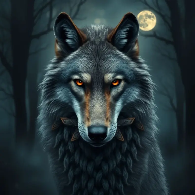 Grey wolf knot in a misty forest.
