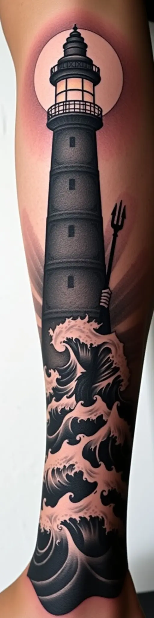 Blackout tattoo design on a calf showing a lighthouse, full moon, and Poseidon statue.