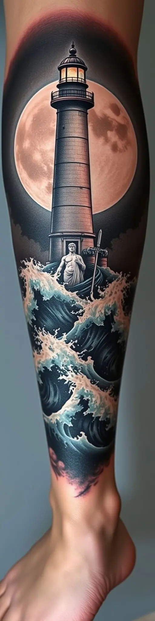 Calf tattoo of a lighthouse and Poseidon statue.