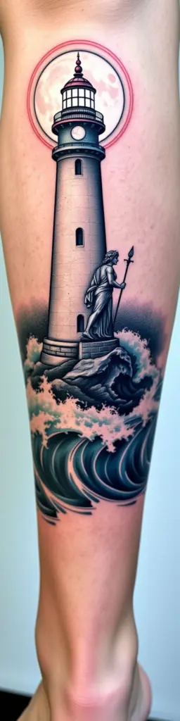 Calf tattoo of a lighthouse and Poseidon statue with optical illusion effects.