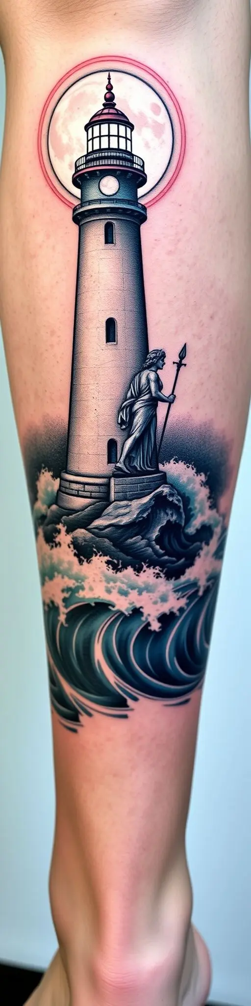 Calf tattoo of a lighthouse and Poseidon statue with optical illusion effects.