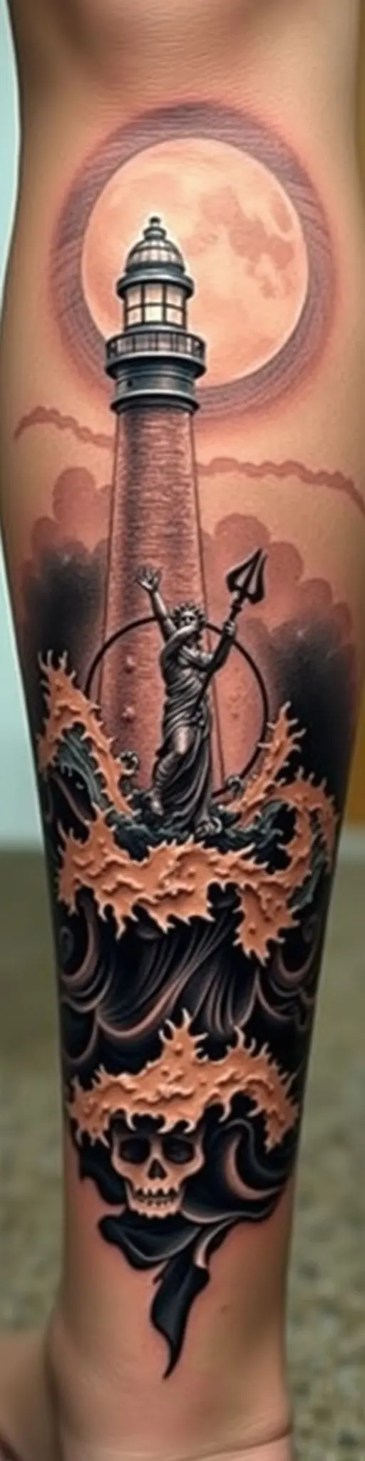 Embossed tattoo on calf: lighthouse, moon, Poseidon from waves.