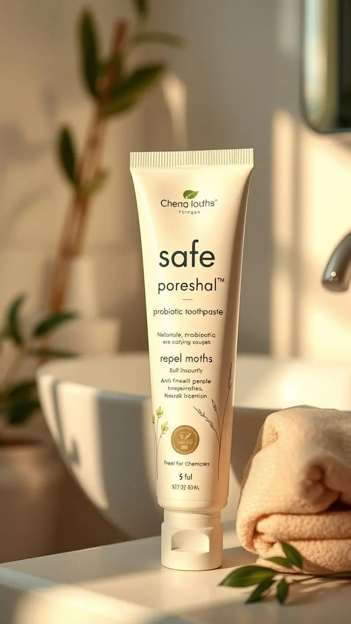 Tube of natural probiotic toothpaste with moth repellent properties.